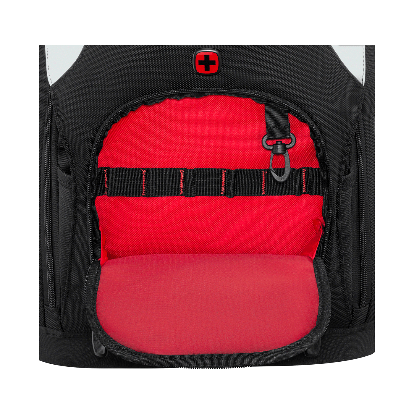 Black backpack with red interior compartment and carabiner clip
