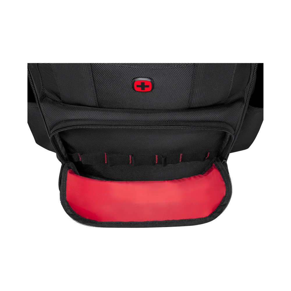 Un sac à dos noir avec un logo de croix rouge et un compartiment ouvert