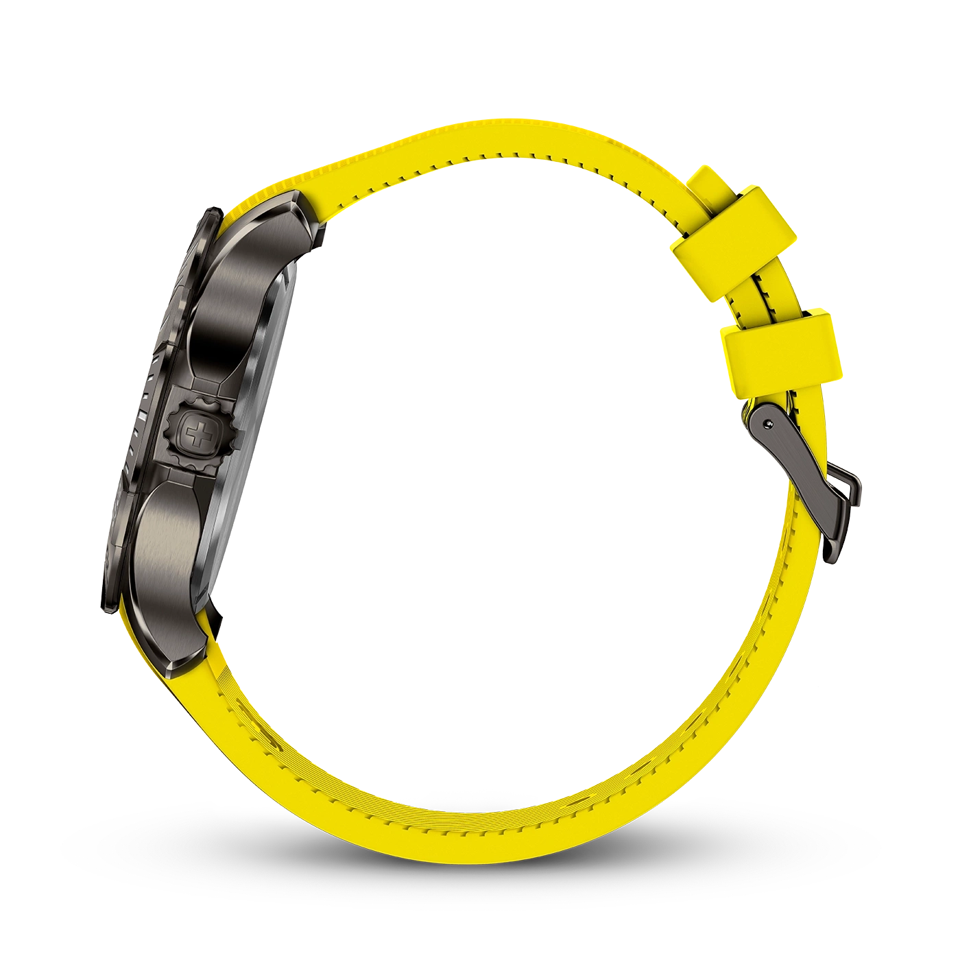 Uhr mit gelbem Armband, Seitenansicht, schwarzes Gehäuse, Detailaufnahme, Nahaufnahme