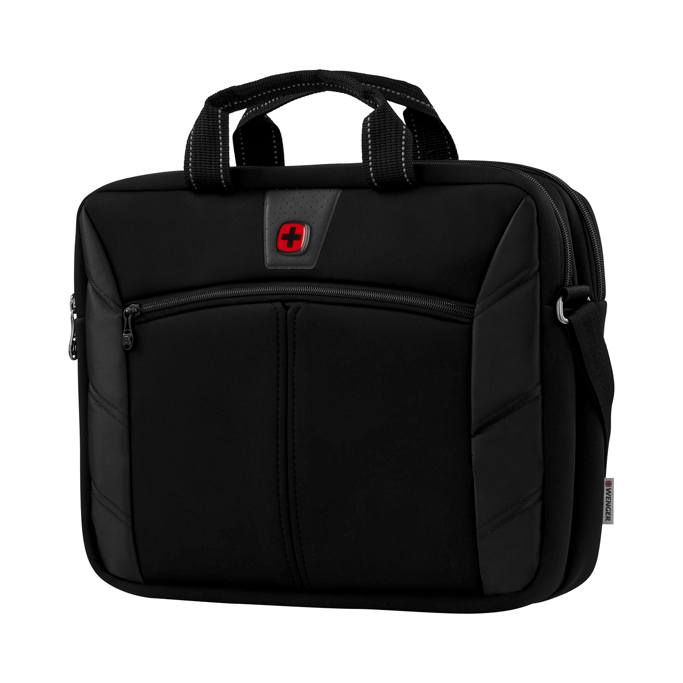Schwarze Laptoptasche mit rotem Logo und Tragegriff