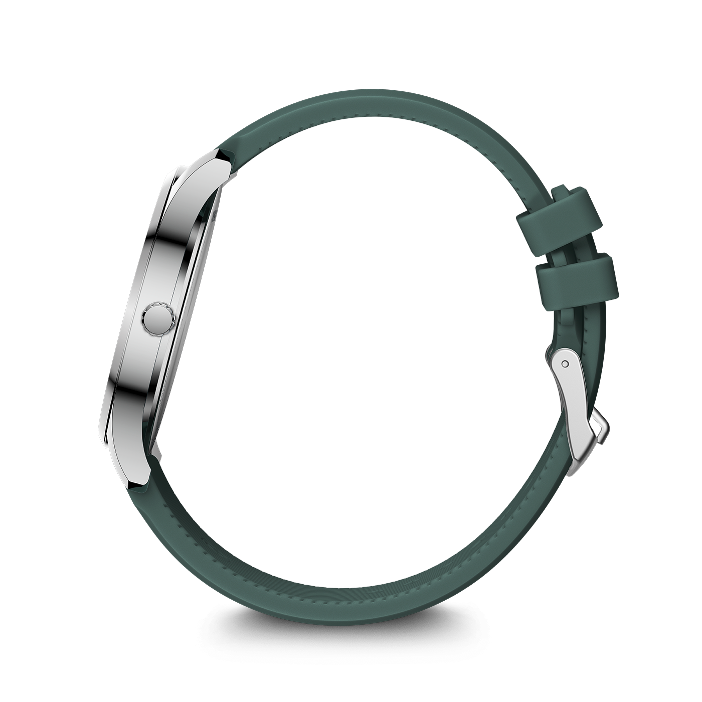 Eine silberne Uhr mit einem grünen Armband auf weißem Hintergrund.