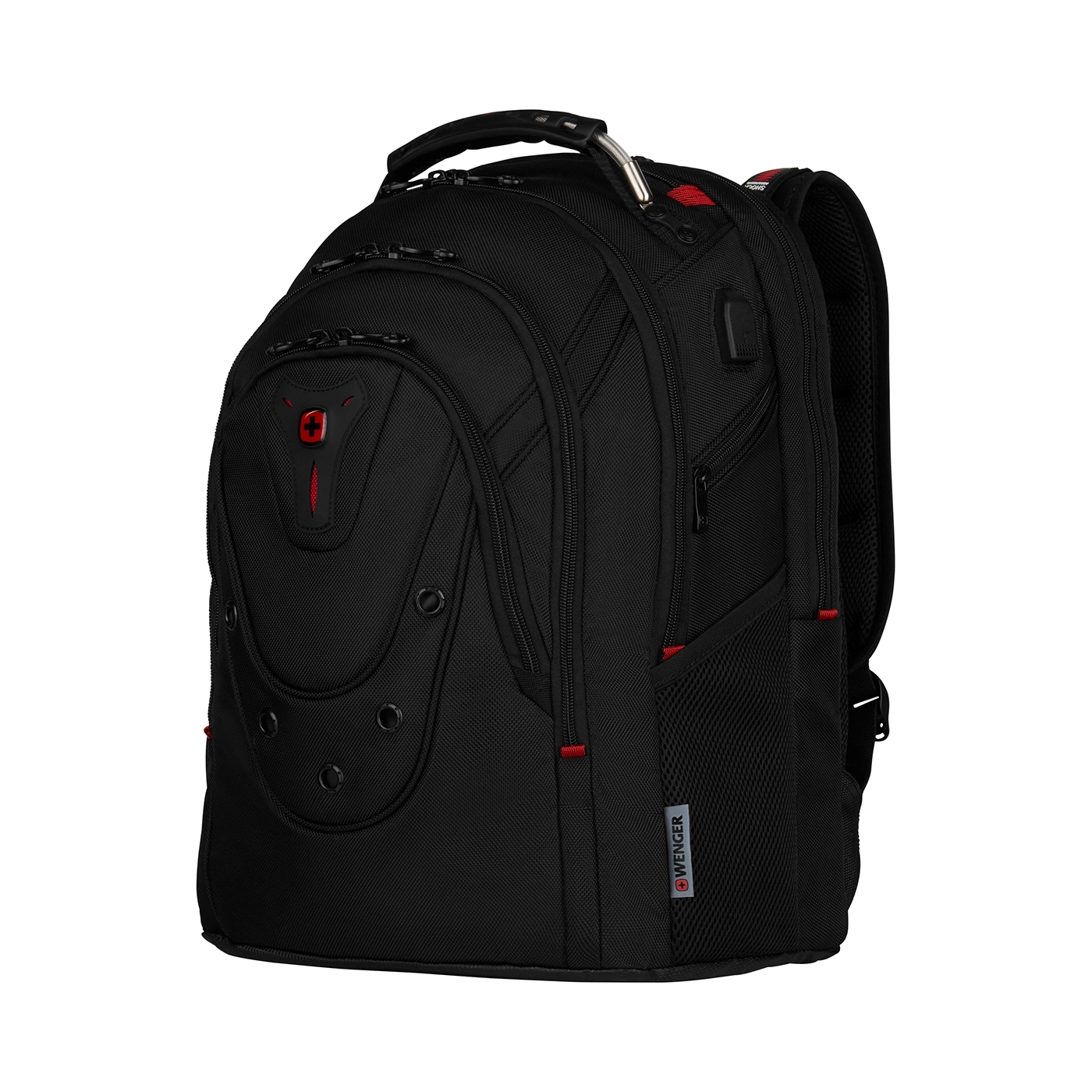 Black backpack with red accents and Wenger logo isolated on black background.