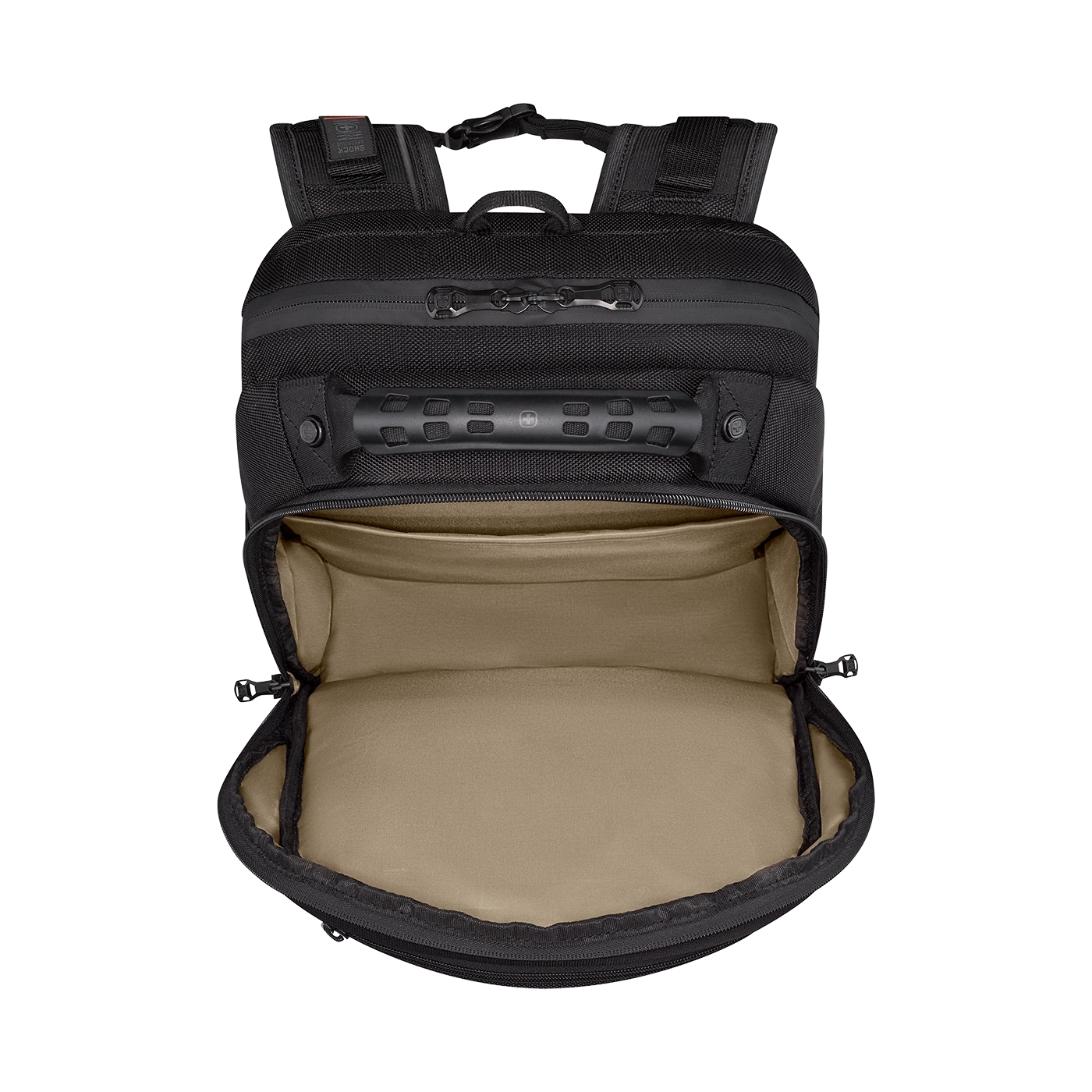 Schwarzer Rucksack mit offenem Fach und Griff oben, Nahaufnahme.