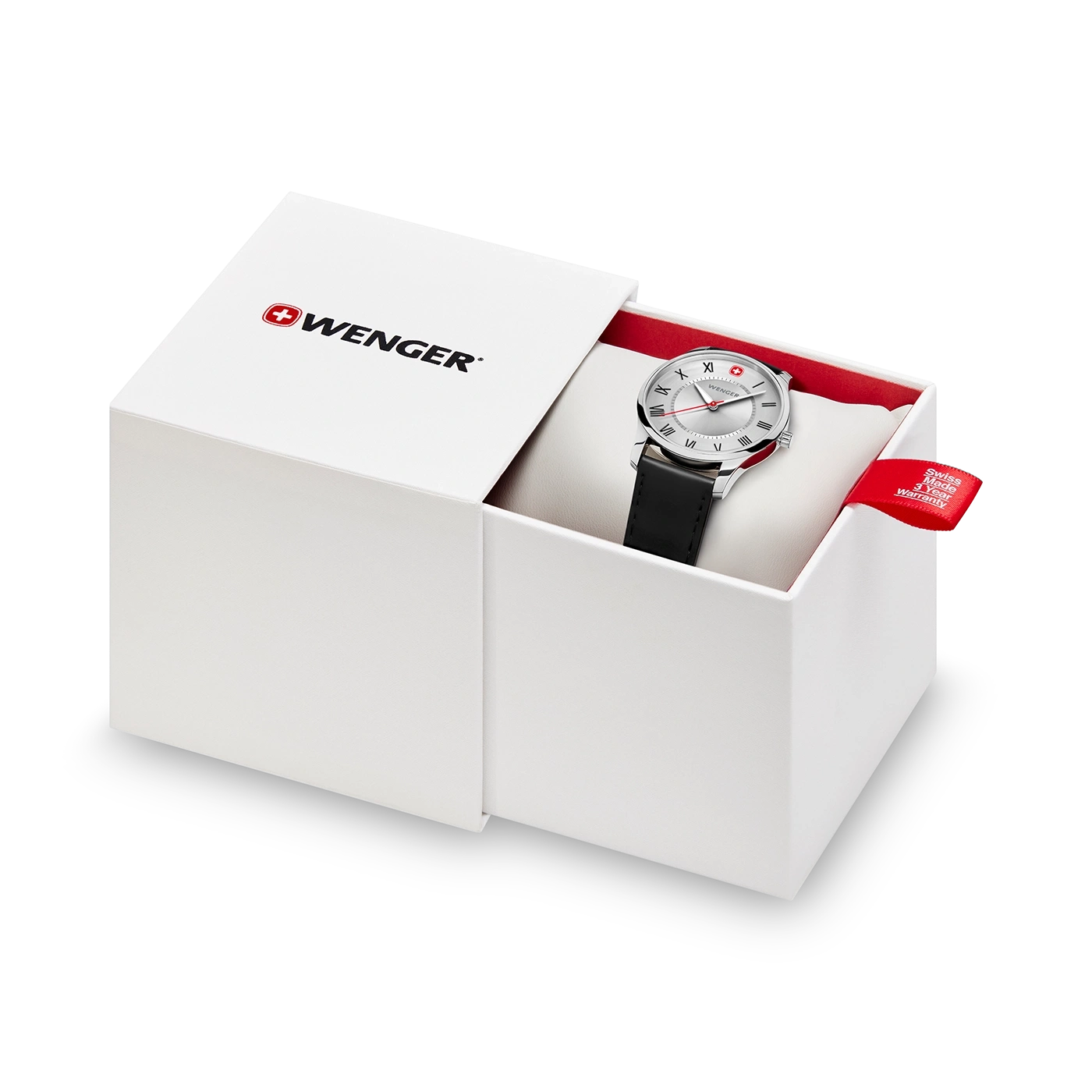 Wenger Uhr in einer weißen Box mit rotem Innenfutter und Garantie
