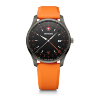Herrenuhr schwarz-orange Ø 42 mm Quarzuhr mit GMT-Funktion, hergestellt in der Schweiz