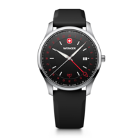 Herrenuhr silber-schwarz Ø 42 mm Quarzuhr mit GMT-Funktion, hergestellt in der Schweiz