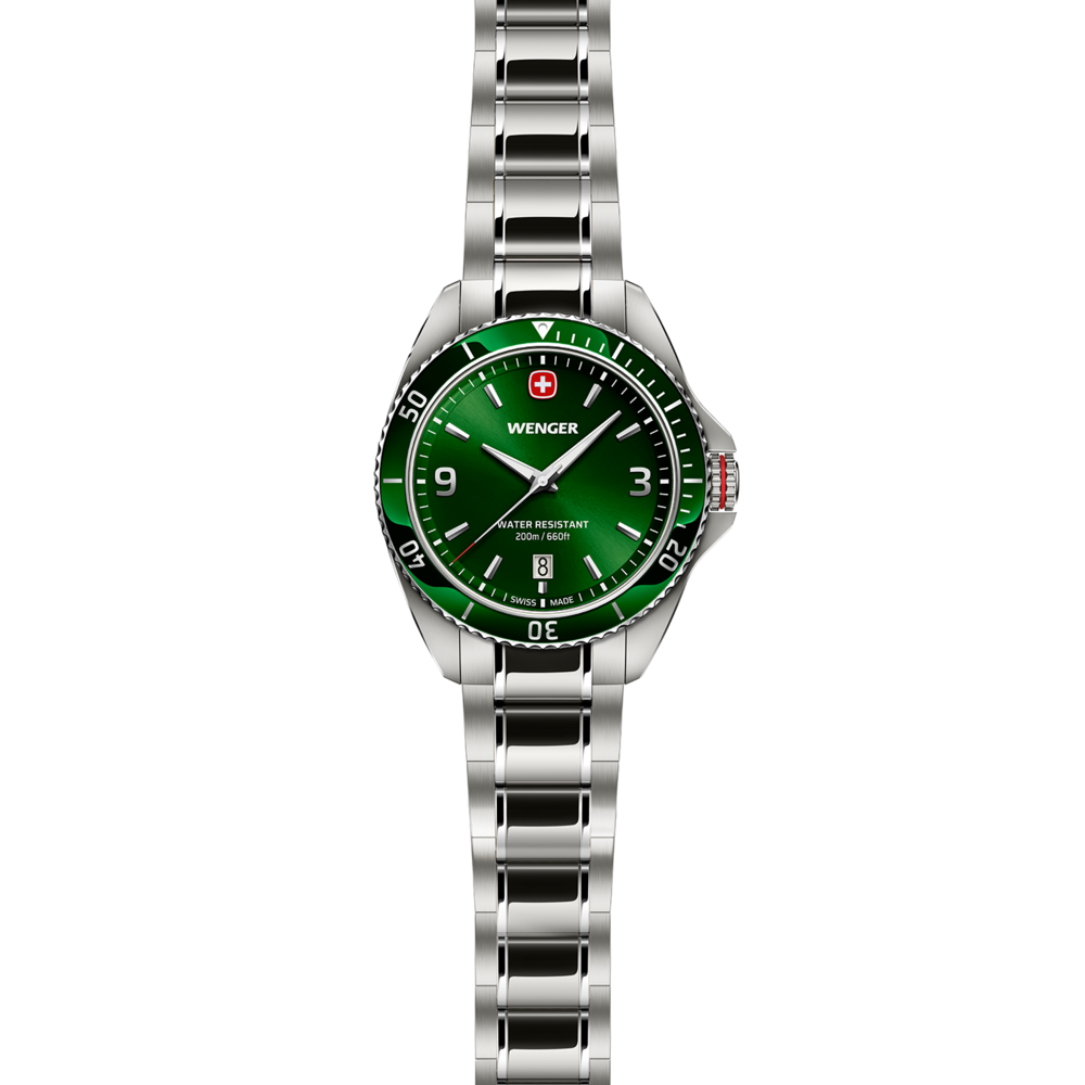 Wenger Uhr mit grünem Zifferblatt und silbernem Armband, Schweizer Uhr