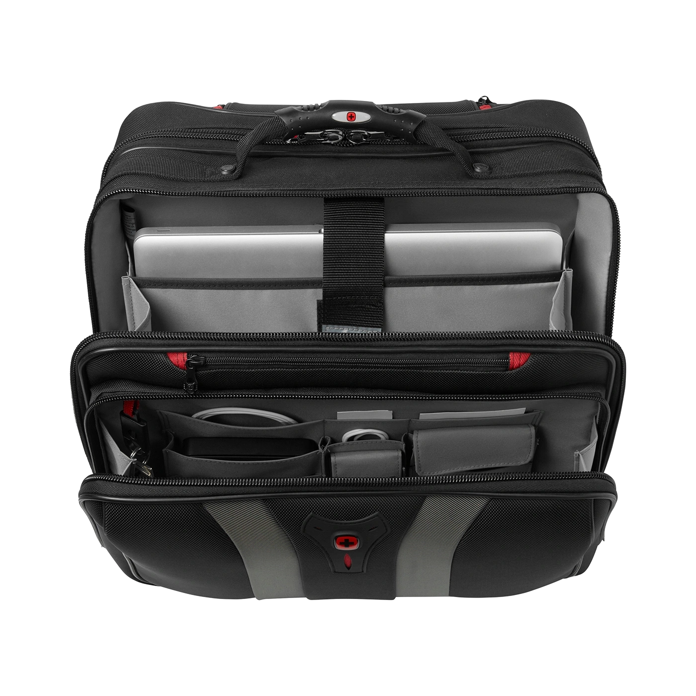 Schwarze Laptoptasche mit vielen Fächern, offen, mit Laptop und Zubehör.
