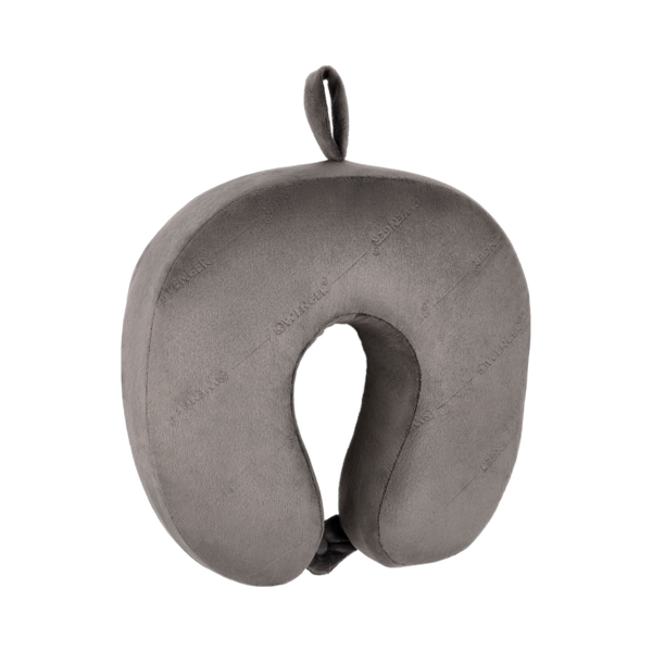 Graues Nackenkissen mit Griff auf schwarzem Hintergrund, Reisekissen