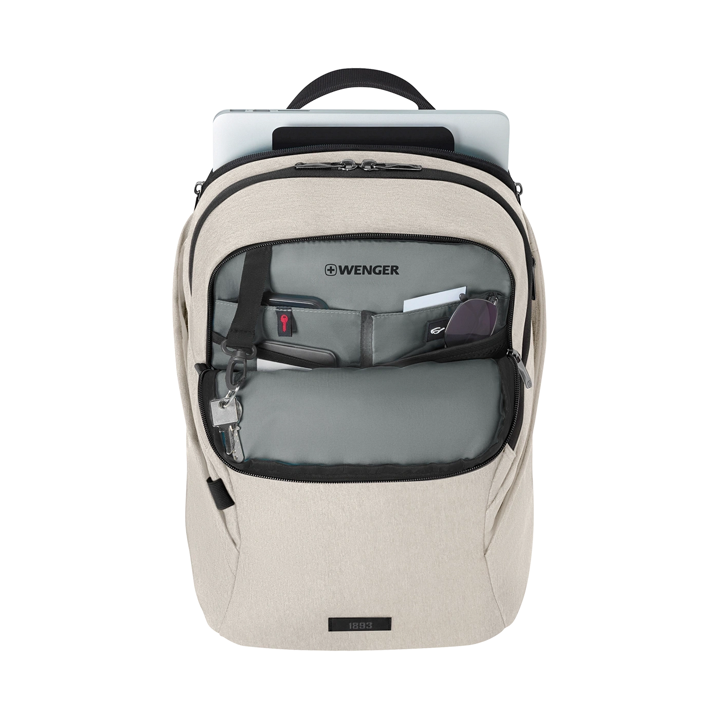 Beige backpack with laptop, sunglasses, and keys. Wenger logo visible.