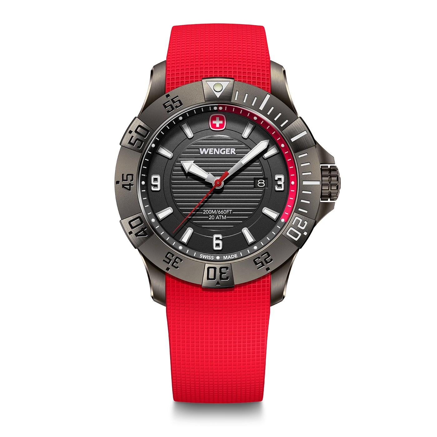 Wenger Uhr mit rotem Armband und schwarzem Zifferblatt, Schweizer Design.