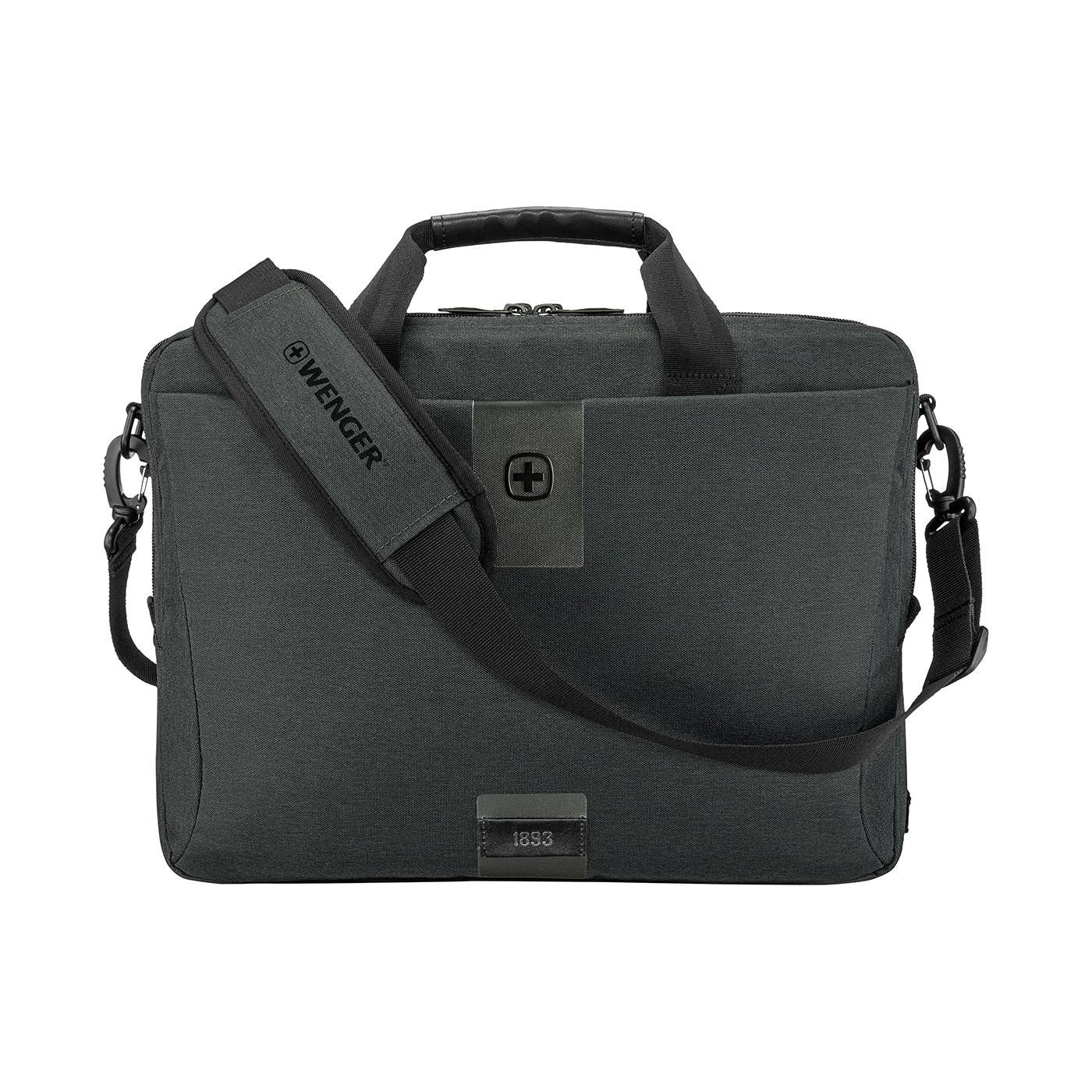 Dunkelgraue Aktentasche mit Schultergurt und Logo von Wenger, 1893