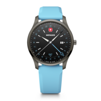 Herrenuhr schwarz-blau Ø 42 mm Quarzuhr mit GMT-Funktion, hergestellt in der Schweiz