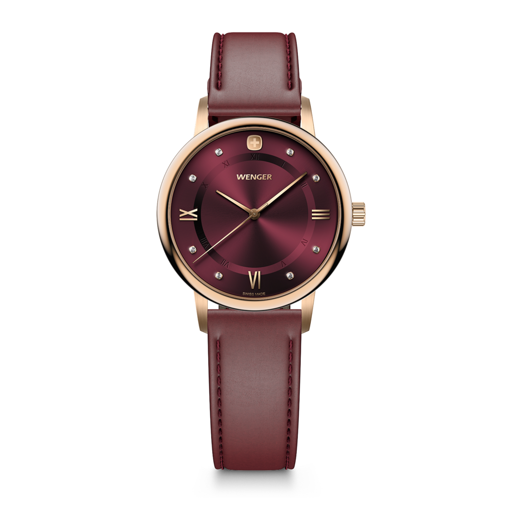 Une montre Wenger pour femme bordeaux avec des accents dorés et un bracelet en cuir