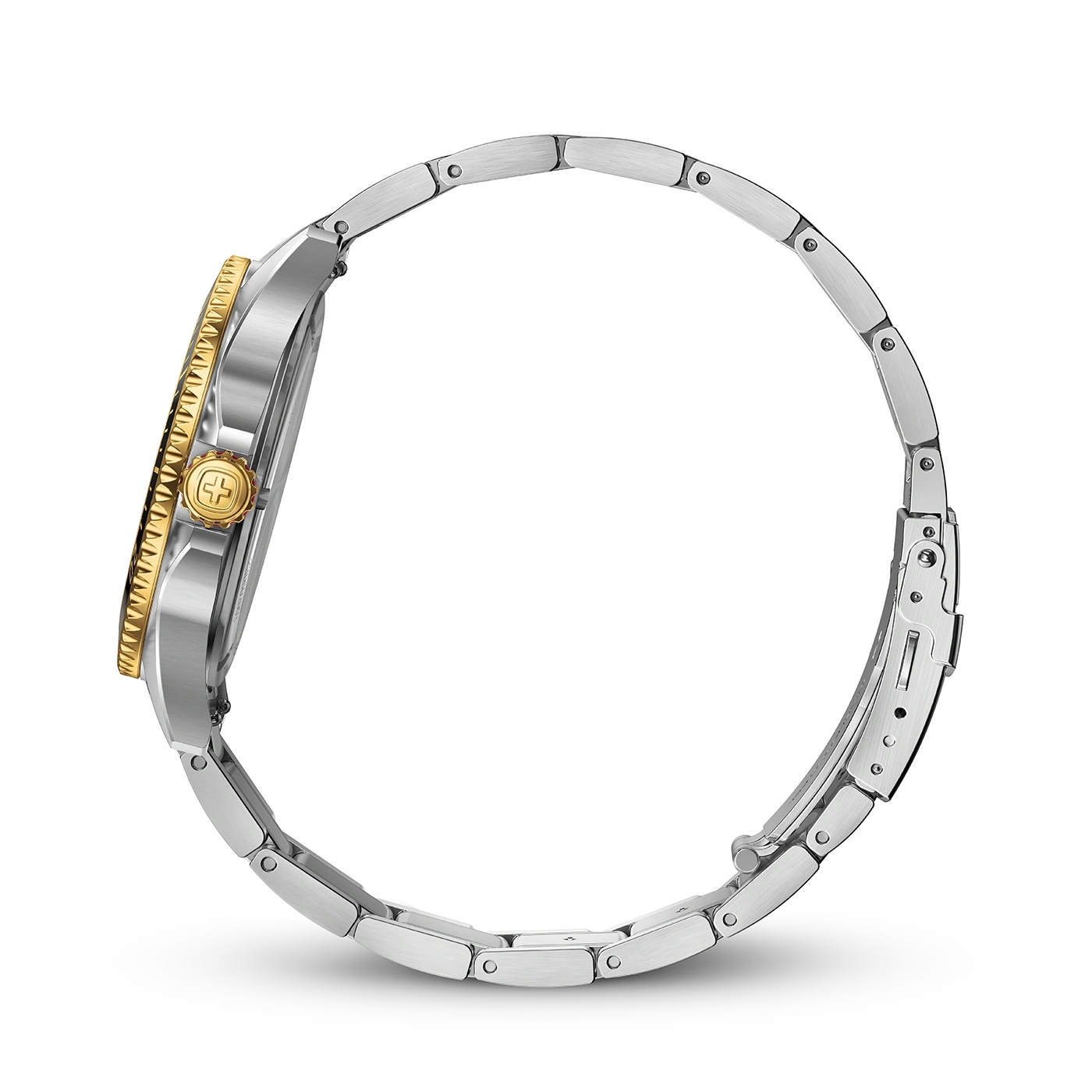 Uhr, silbernes Armband, goldenes Zifferblatt, schwarzer Hintergrund, Seitenansicht