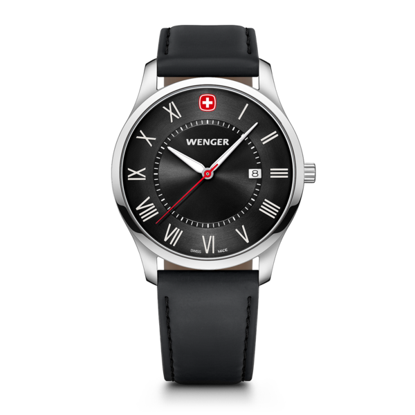 Wenger watch with black dial and leather strap, Swiss design, elegant and stylish.
