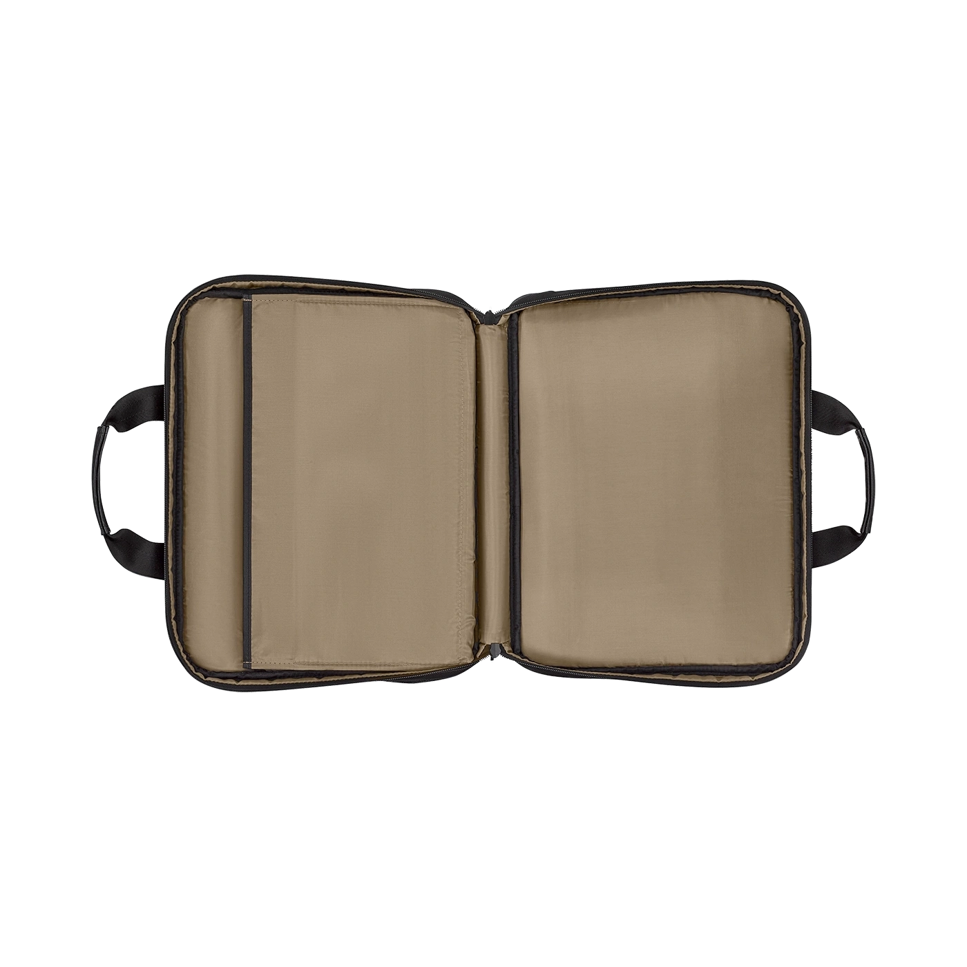 Geöffnete schwarze Tasche mit braunem Innenfutter und Griffen an den Seiten.