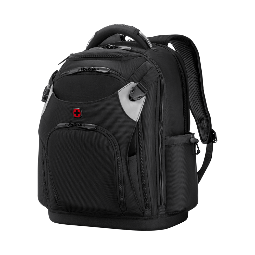 Black backpack with red cross and silver accents