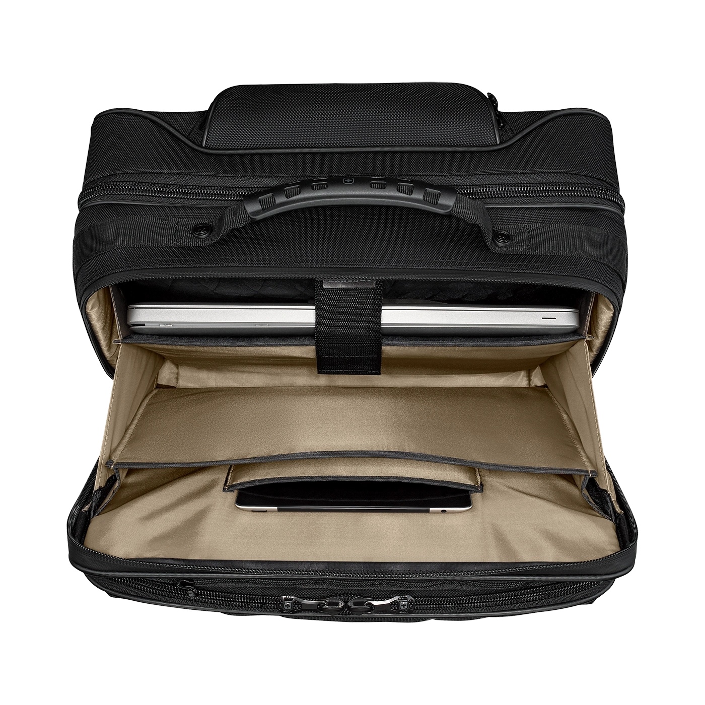 Black laptop bag with laptop and tablet inside, open view, interior.