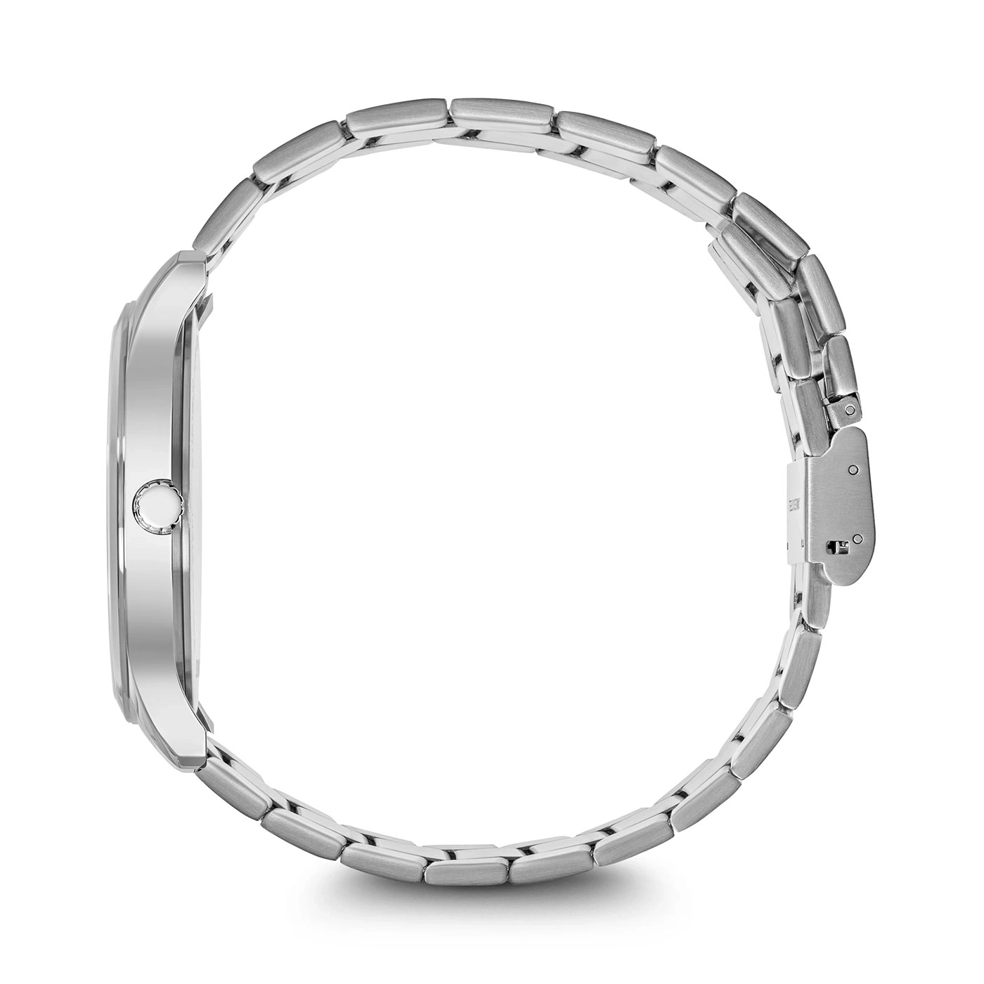 Silberne Uhr mit Armband, Seitenansicht, Detailaufnahme, isoliert auf Weiß