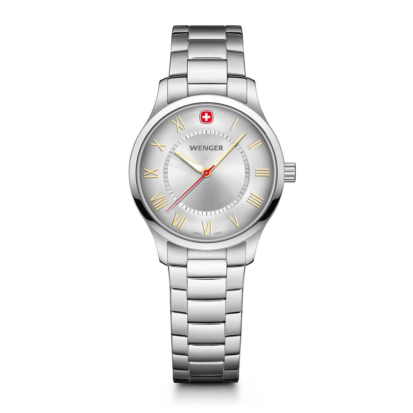 Wenger women's watch, silver dial, Roman numerals, stainless steel band, Swiss watch