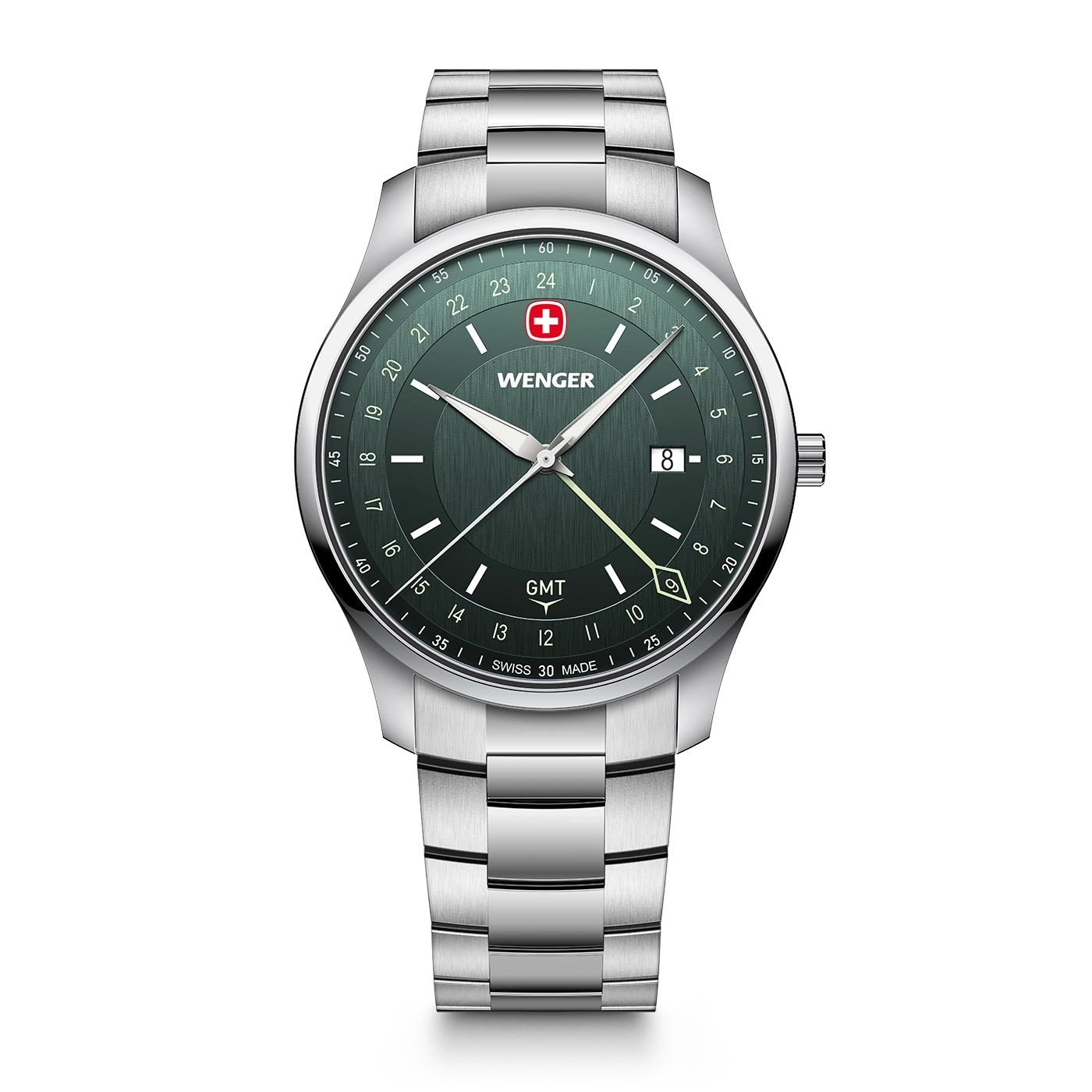 Herrenuhr silber-grün Ø 42 mm Quarzuhr mit GMT-Funktion, hergestellt in der Schweiz