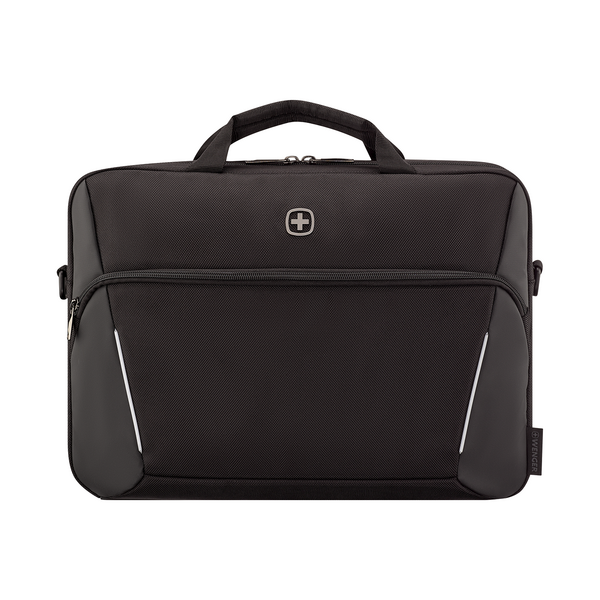 Schwarze Laptoptasche mit Griff und Logo, ideal für den Transport von Geräten.