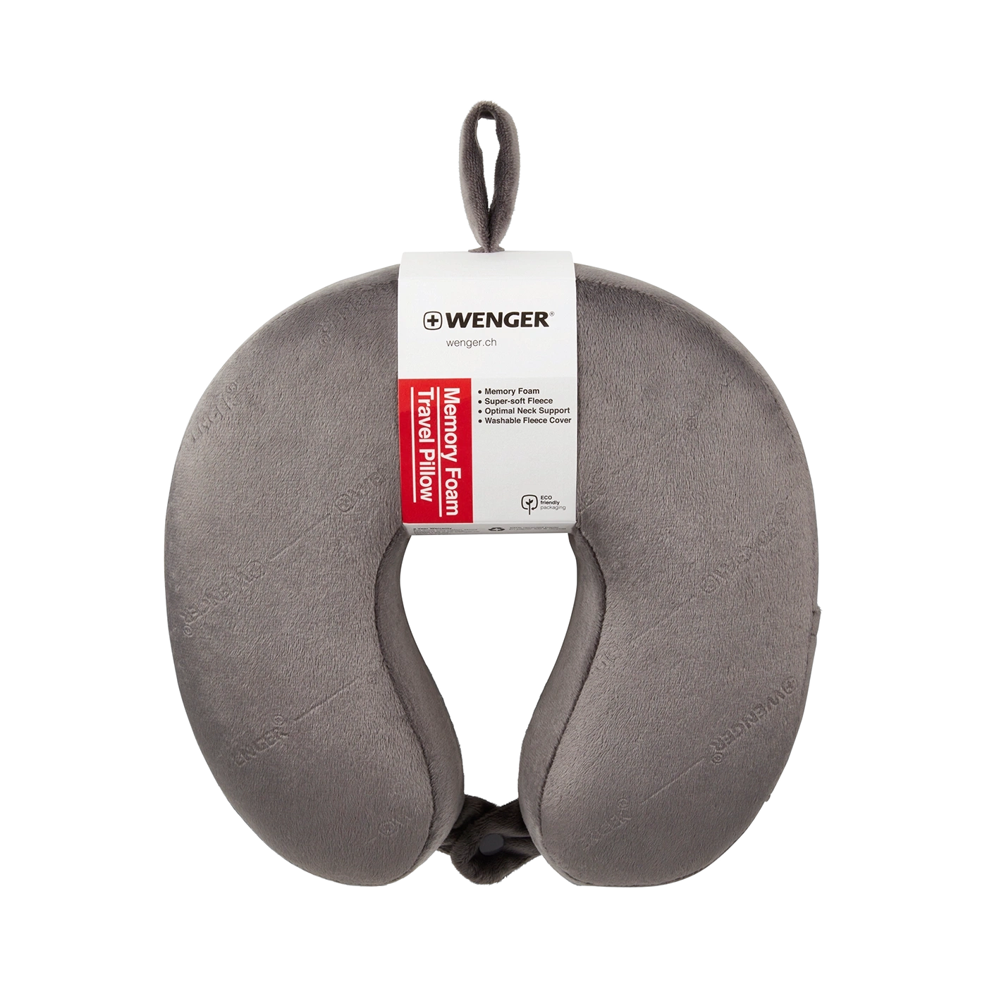 Wenger travel pillow with memory foam, super-soft fleece, and a washable cover.