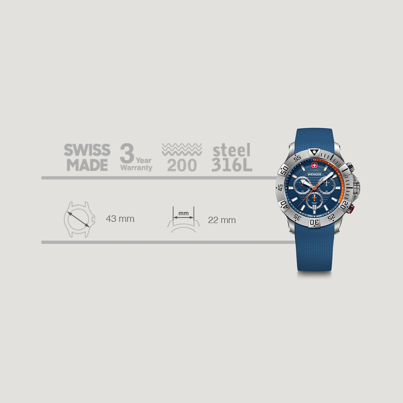 Wenger Uhr, Swiss Made, 43mm Gehäuse, 22mm Armband, 200m wasserdicht, Stahl 316L, 3 Jahre Garantie.