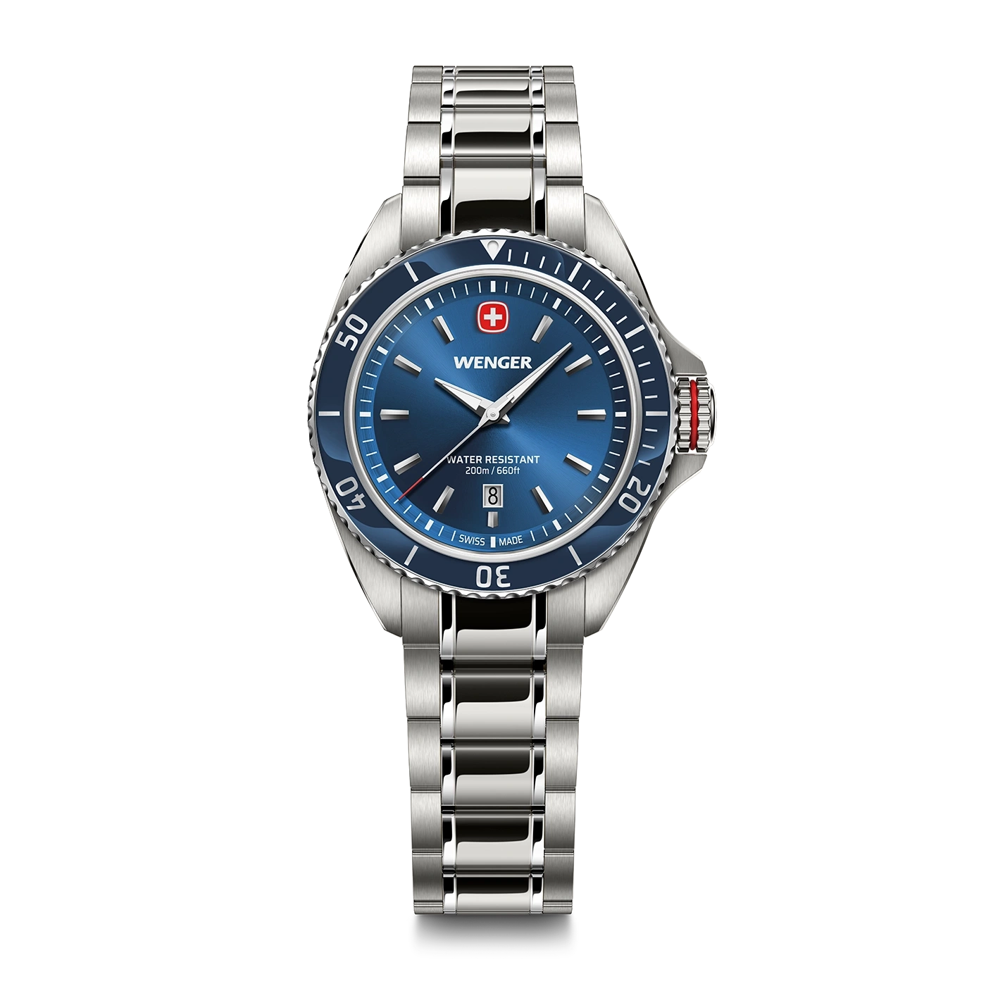 Wenger Herrenuhr mit blauem Zifferblatt und Edelstahlarmband.