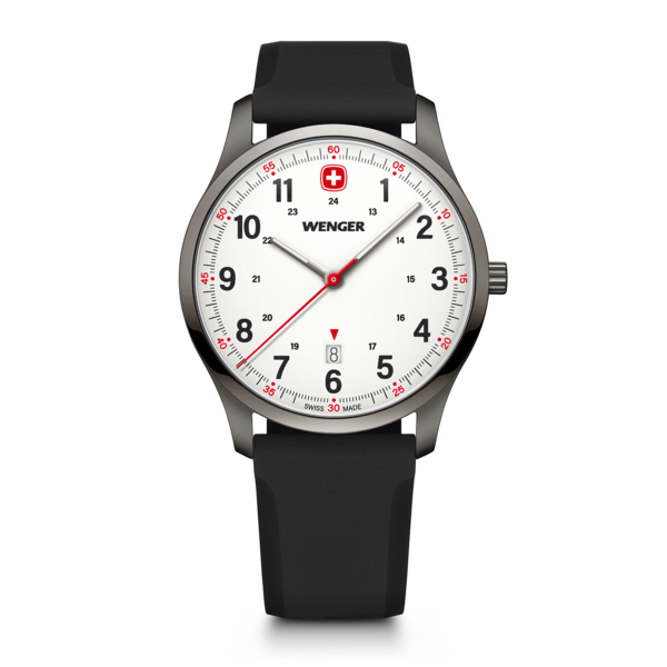 Wenger Uhr mit schwarzem Armband, weißem Zifferblatt und roter Sekunde.