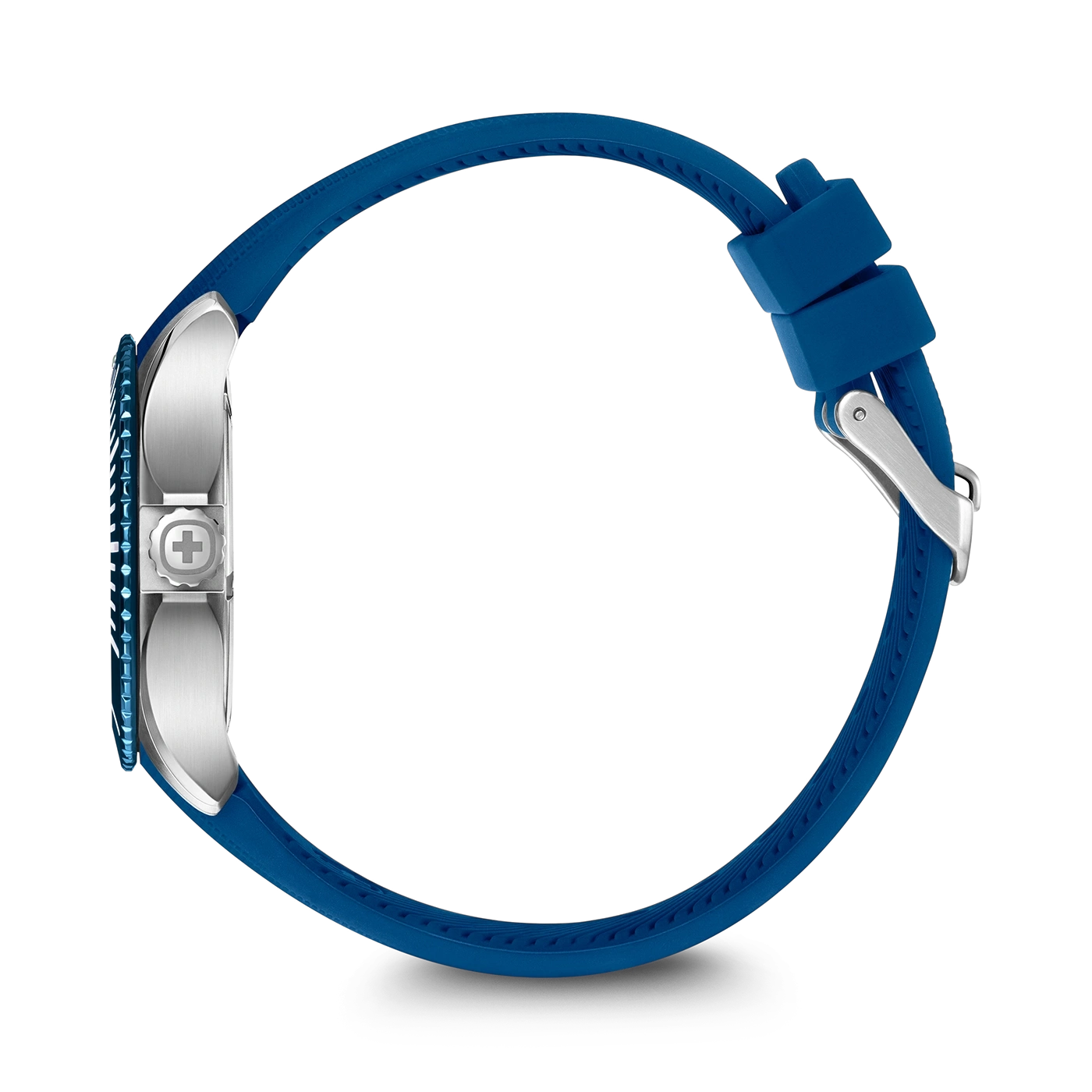 Blaue Uhr mit silbernem Gehäuse und Armband auf schwarzem Hintergrund