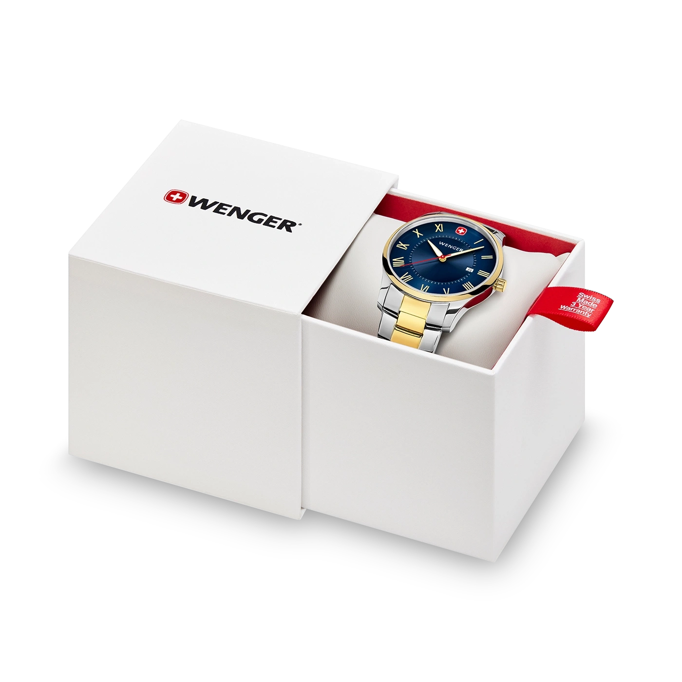 Wenger watch in a white box with red lining and warranty tag