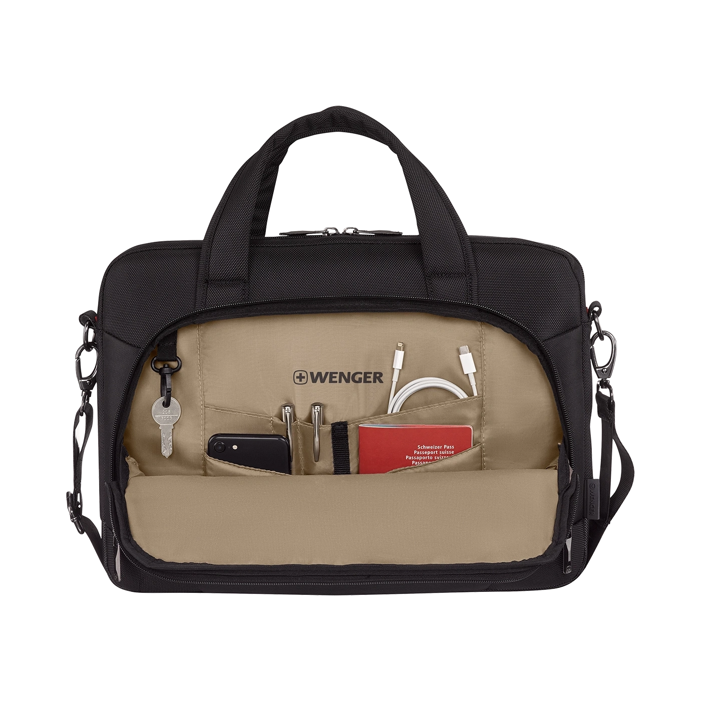 Black briefcase with open pockets, accessories, and Wenger logo visible.
