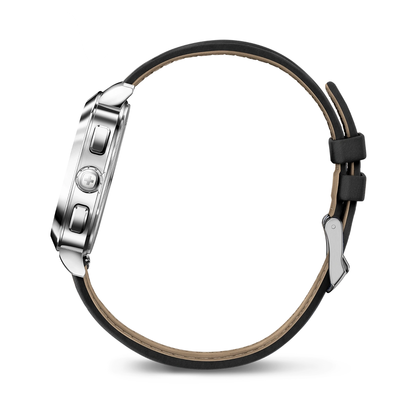 Watch with black leather strap, silver case, and side detail view of the watch