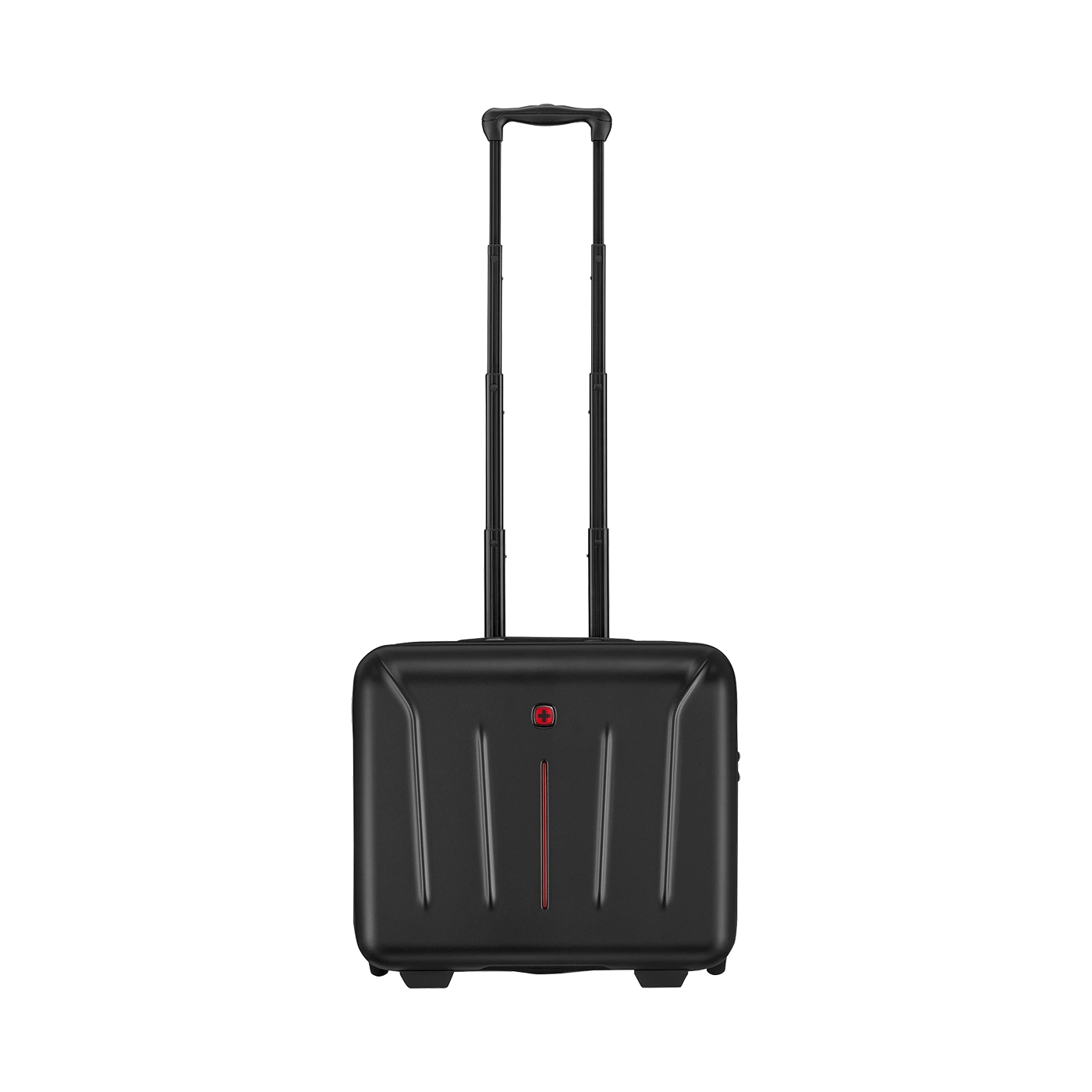 Black rolling suitcase with extendable handle and red accents.