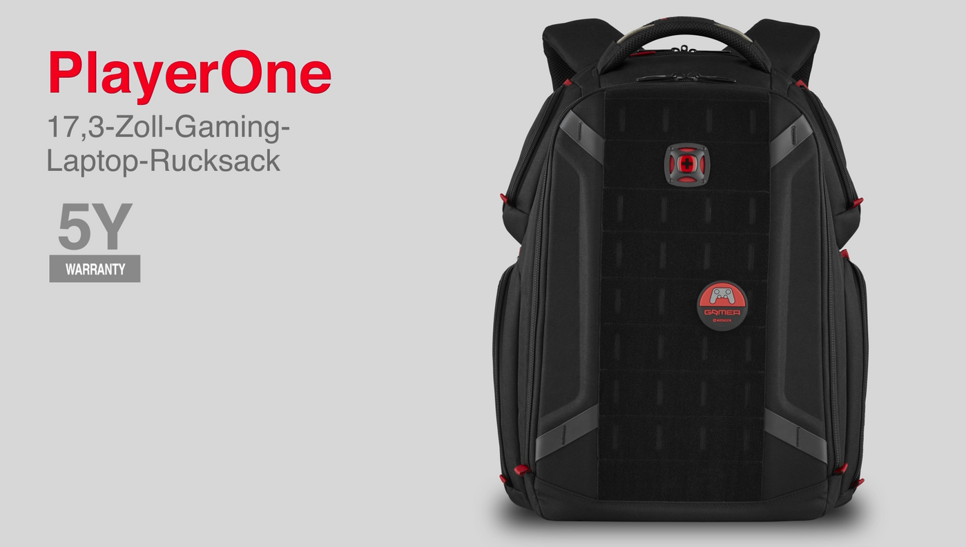 Schwarzer Gaming-Laptop-Rucksack mit roter Akzentuierung und 5 Jahren Garantie.