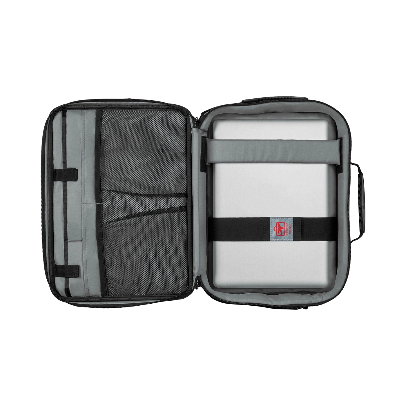 Open laptop bag with laptop, mesh pocket, and holding straps for transport.