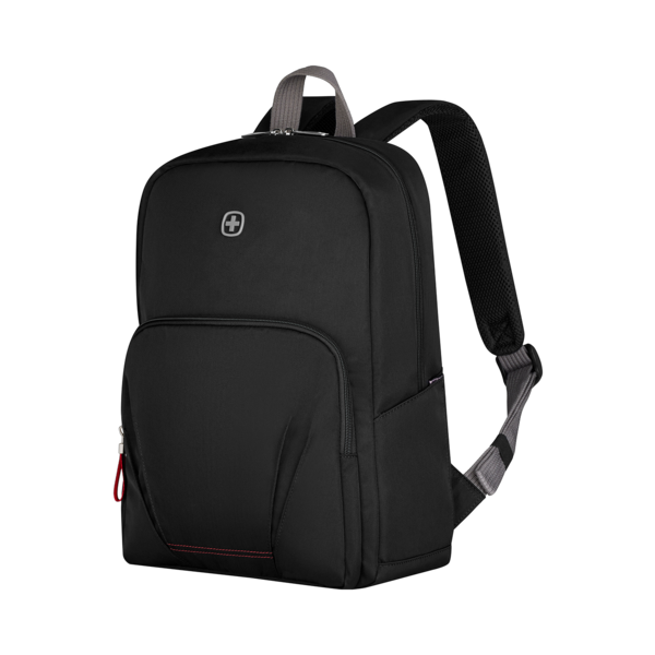 Schwarzer Rucksack mit roter Naht und Logo auf schwarzem Hintergrund.