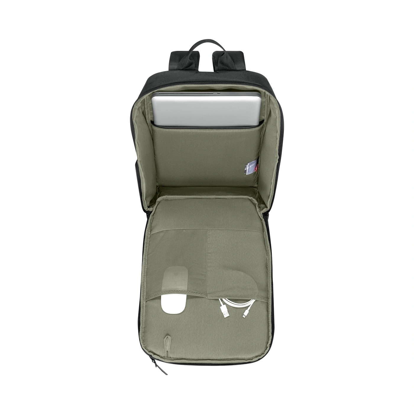 Ein offener schwarzer Rucksack mit Laptop, Maus und Kabeln im Inneren.