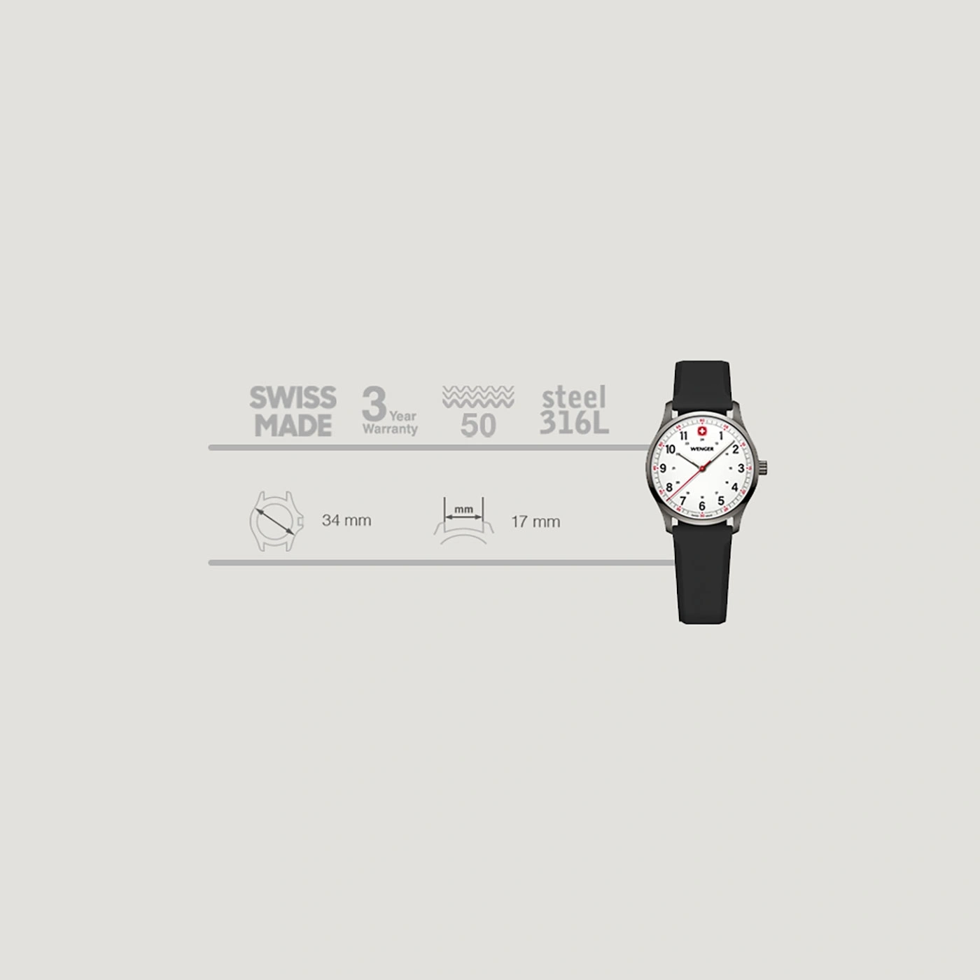 Schweizer Uhr mit schwarzem Armband, 3 Jahre Garantie, Stahl 316L, 34 mm Durchmesser
