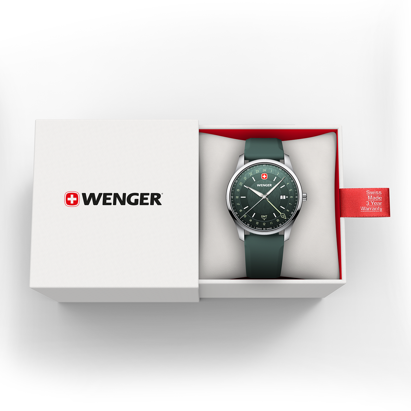 Ein grüner Wenger GMT-Armbanduhr in einer offenen weißen Box mit einem roten Garantiesiegel.