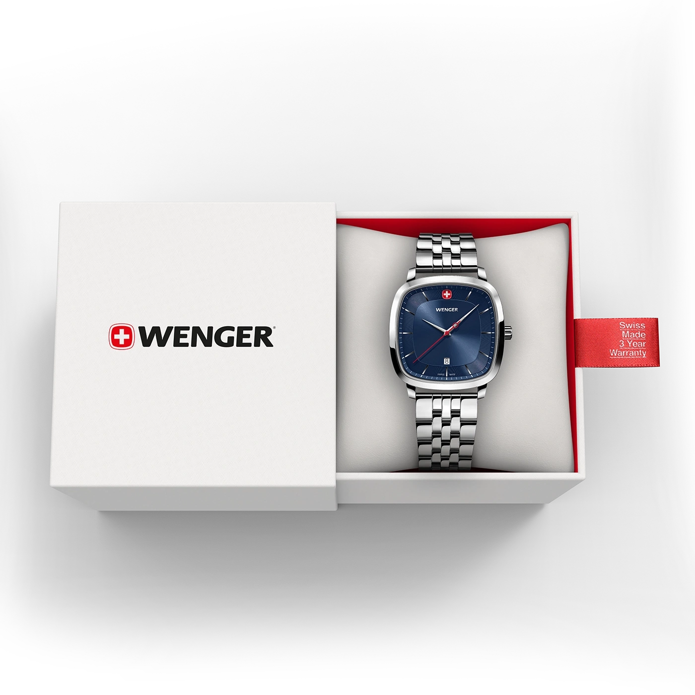 Wenger watch in box, Swiss made, 3 year warranty, blue dial, stainless steel