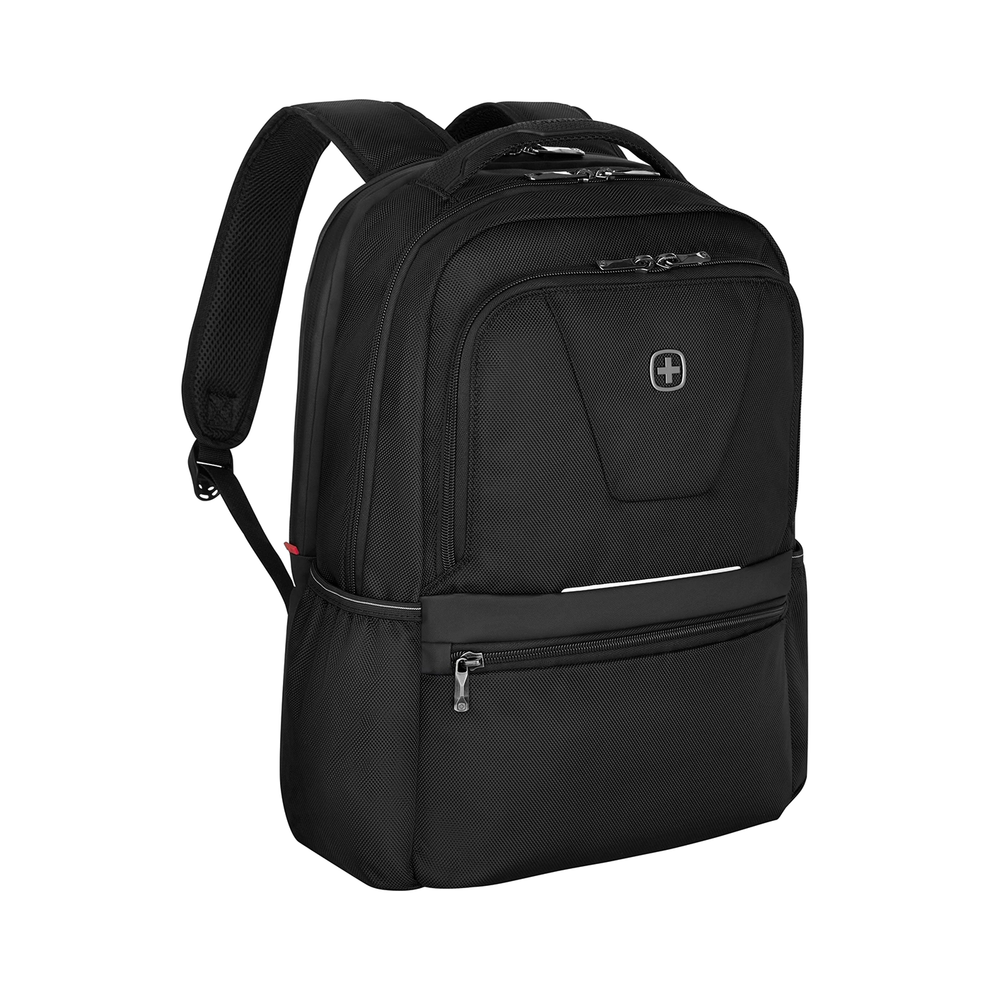 Schwarzer Rucksack mit Reißverschlüssen und Logo auf schwarzem Hintergrund.