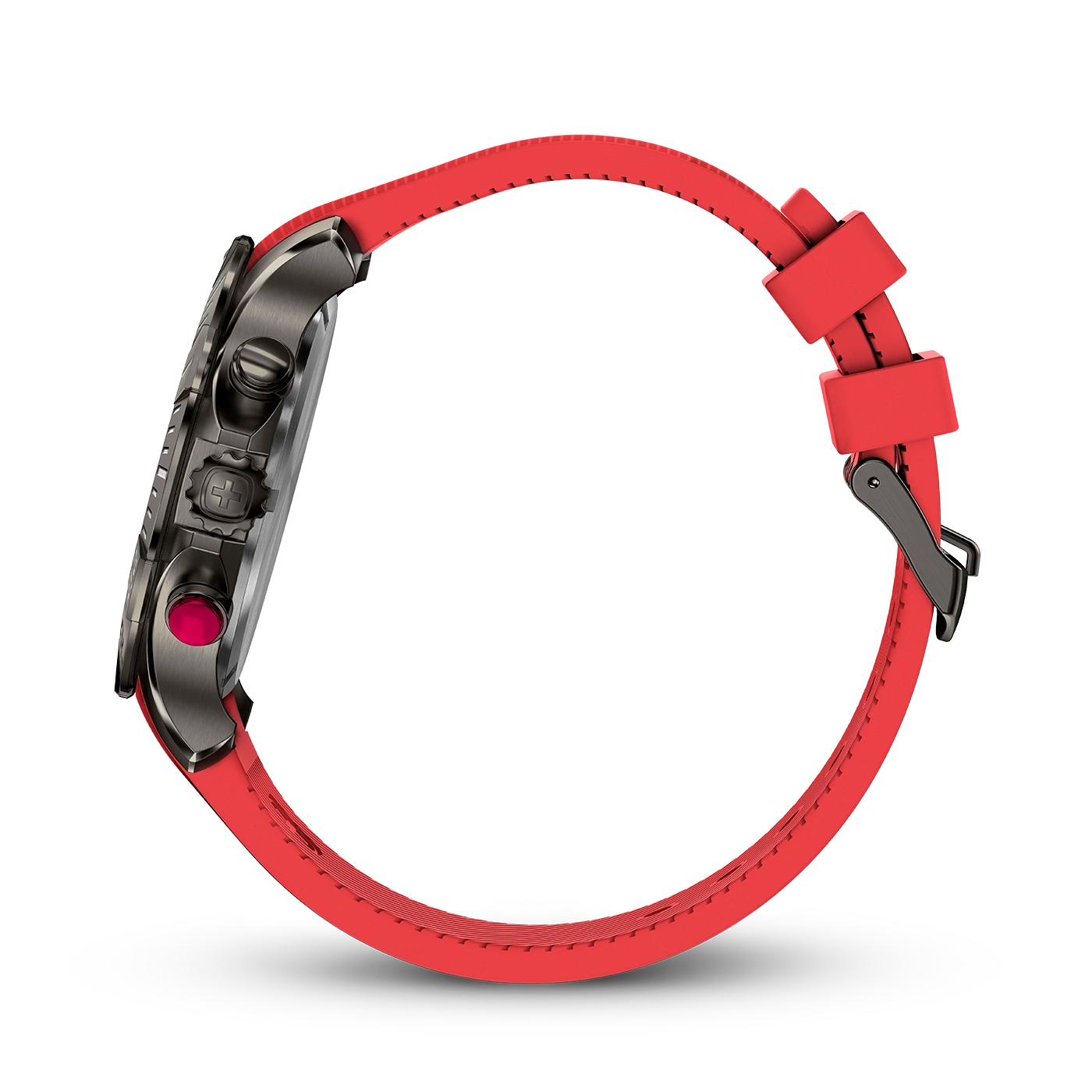 Watch with red strap, side view, close-up, black case, red button, detail