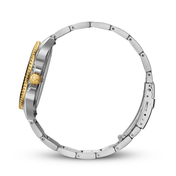 Uhr, silbernes Armband, goldenes Zifferblatt, schwarzer Hintergrund, Seitenansicht