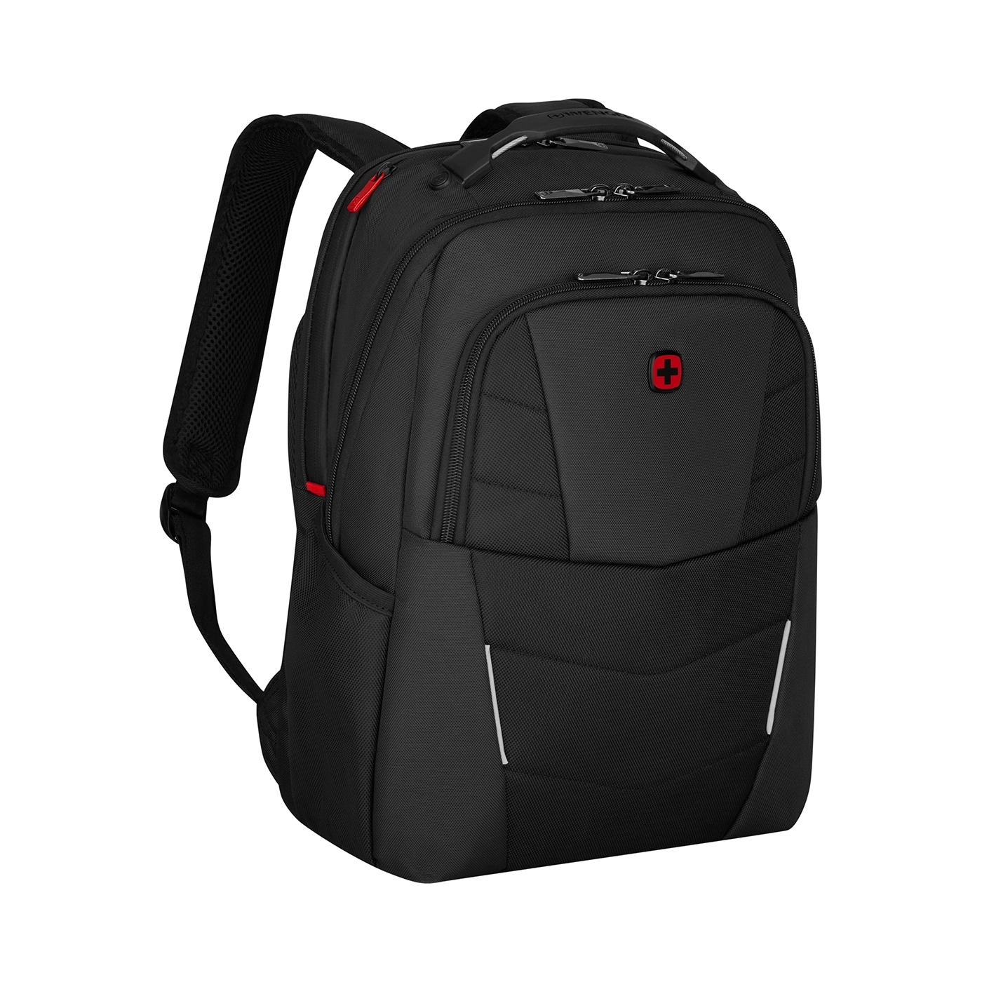 Schwarzer Rucksack mit rotem Kreuz und weißen Streifen auf schwarzem Hintergrund.