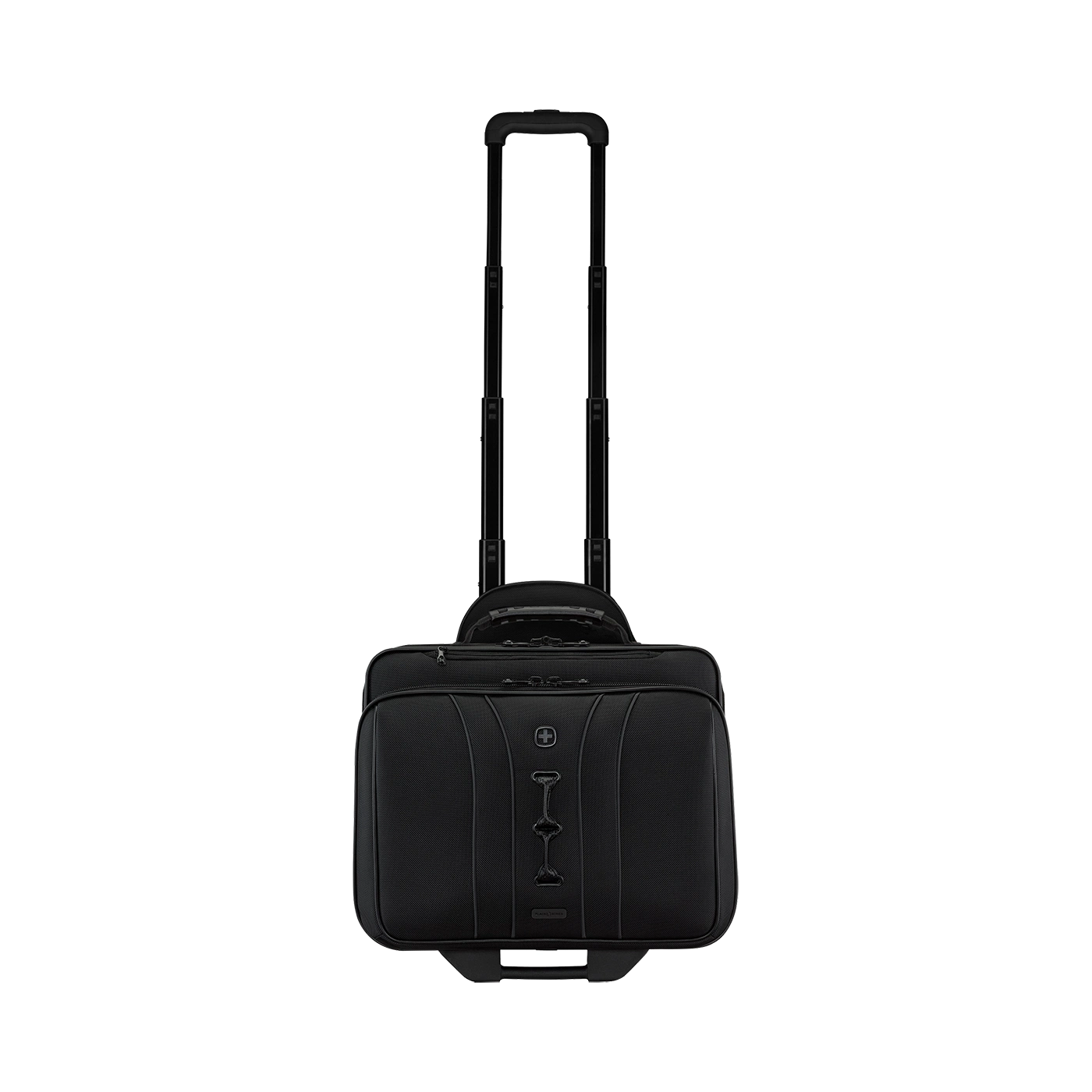 Black rolling suitcase with retractable handle, perfect for business travel and office use.