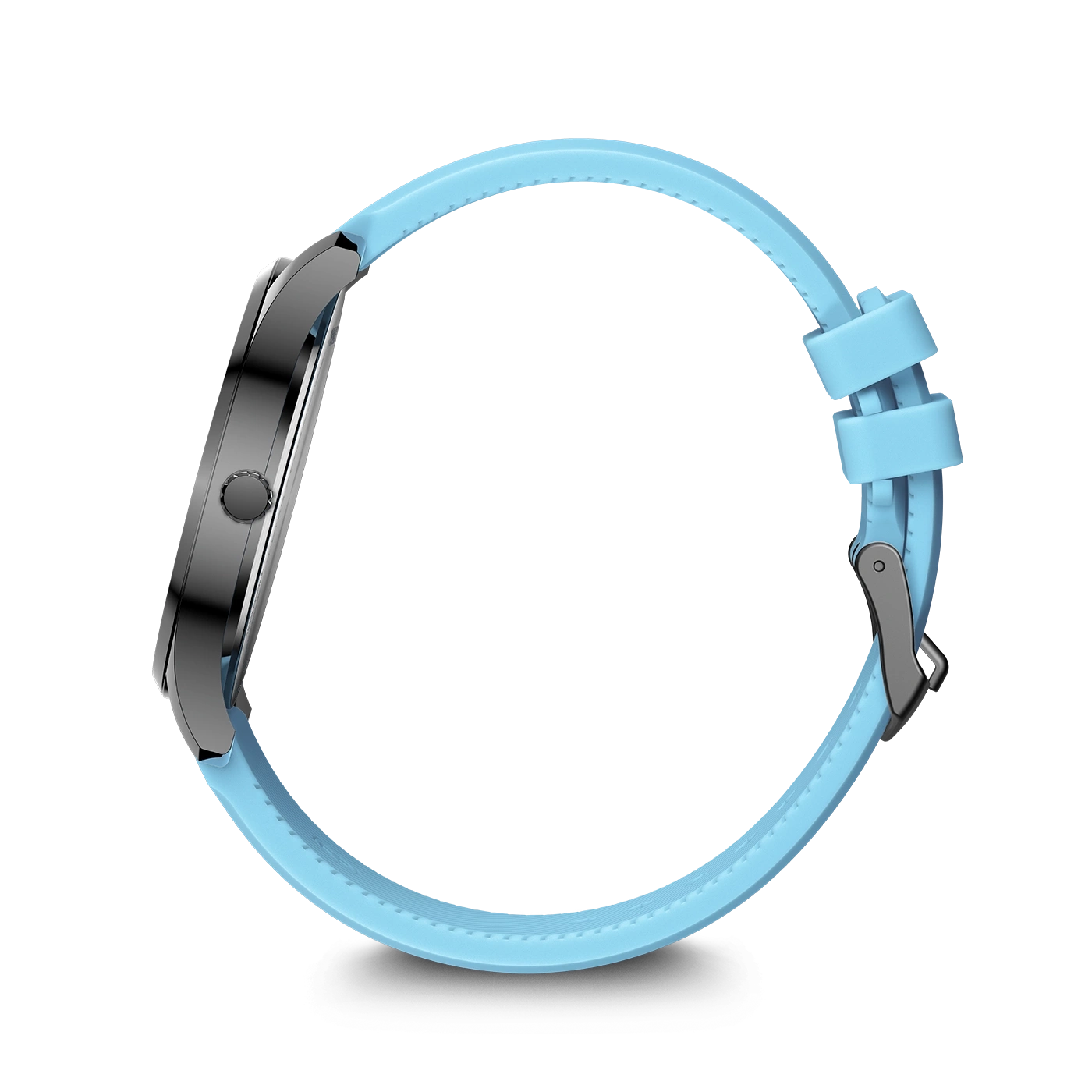 Eine blaue Smartwatch mit silbernem Gehäuse und einem Band aus blauem Silikon, die auf weißem Hintergrund zu sehen ist.