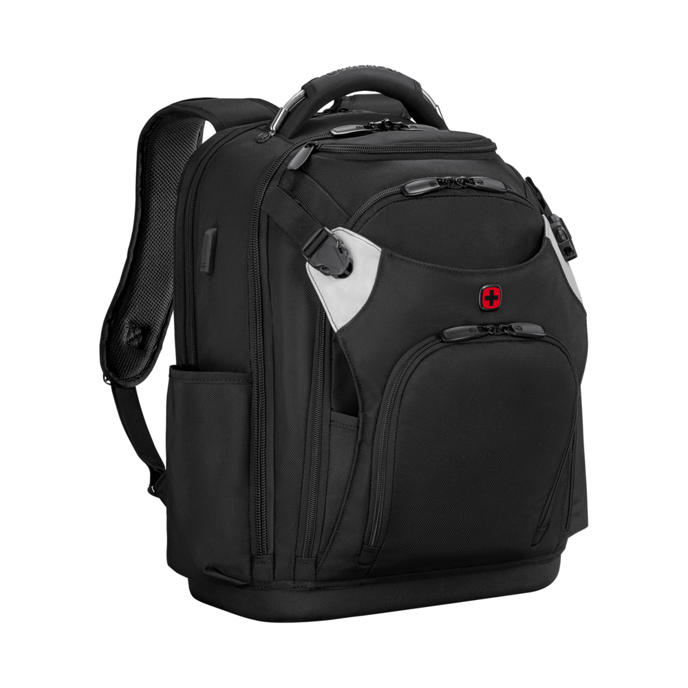 Black backpack with Swiss cross logo and multiple compartments.